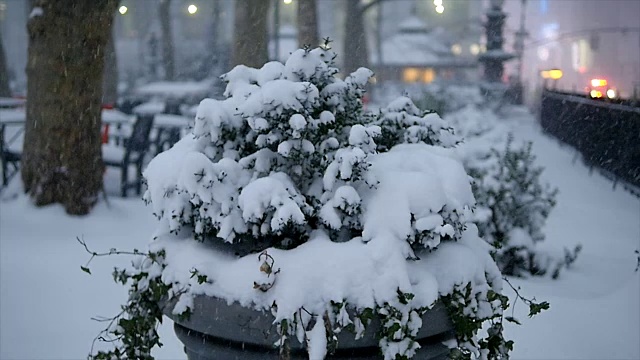 城市里有暴风雪。冬季风暴的风景。下雪天气的慢动作视频素材