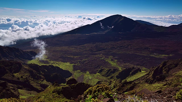 在哈雷阿卡拉火山口，云层在高山植物和火山岩上翻滚视频素材