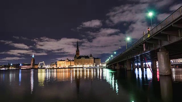 高清时间推移:斯德哥尔摩城市景观和桥倾斜视频素材