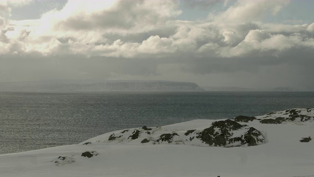 雪堆吹过冰岛北部的海岸线。视频素材