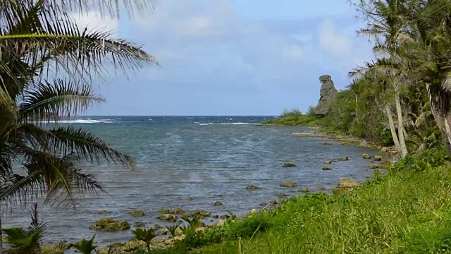 关岛，美国领土，棕榈树和波浪在熊岩在南关岛视频素材