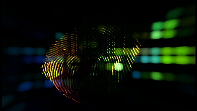 计算机生成的图像指纹漂浮在闪烁的立方体光与黑色背景视频素材画面3