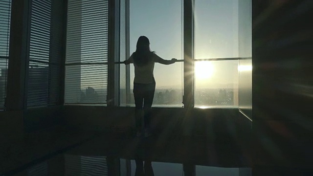 站在办公室窗边向外看的女人视频素材画面3