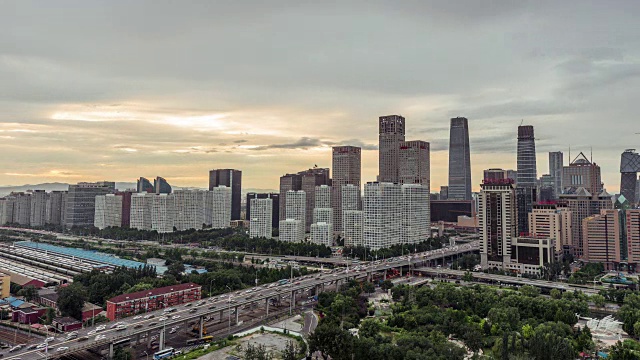 日落时分北京CBD地区的鸟瞰图视频素材