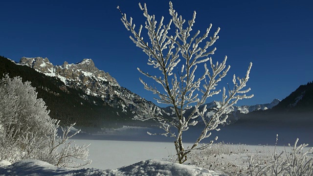 冬季，奥地利蒂罗尔的坦海姆山谷，哈尔登湖(Lake Haldensee)对罗特弗勒(Rote Flueh, 2108米)视频素材