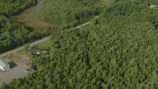 汽车在乡村道路上行驶的天线。林中的树林中的树农田，田野和草地。湖。视频素材