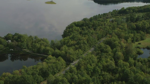 汽车在乡村道路上行驶的天线。林中的树林中的树湖。视频素材