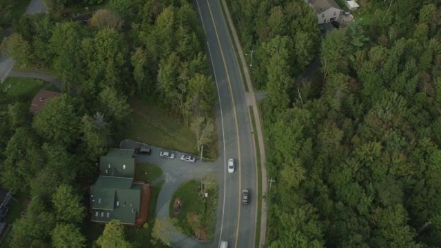 汽车在乡村或农村地区道路上行驶的天线。房屋。林中的树林中的树湖。视频素材