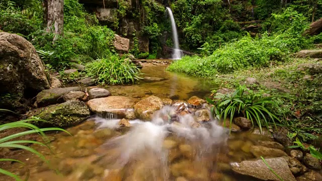 瀑布和绿色自然的时间流逝，自然镜头的背景，移动拍摄倾斜向上视频素材