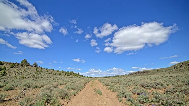 在马勒尔国家野生动物保护区(Malheur National Wildlife Refuge)附近的南斯滕斯山(South Steens Mountain)沙漠中，蓝天白云下空荡荡的土路视频素材