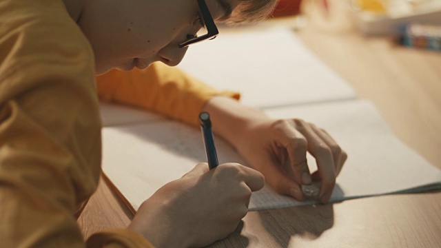 男孩坐在桌子旁做作业视频素材画面3