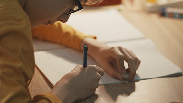 男孩坐在桌子旁做作业视频素材画面4