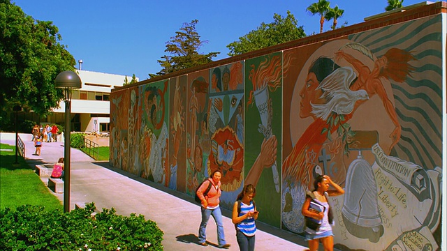 美国加州圣芭芭拉城市学院，学生们通过校园中心的彩色壁画视频下载