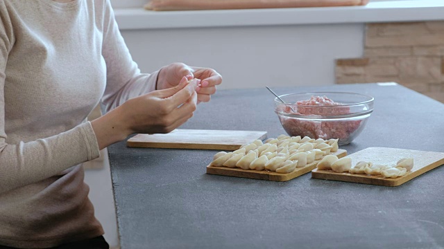 女人用碎肉包饺子。特写手，侧视图。视频素材