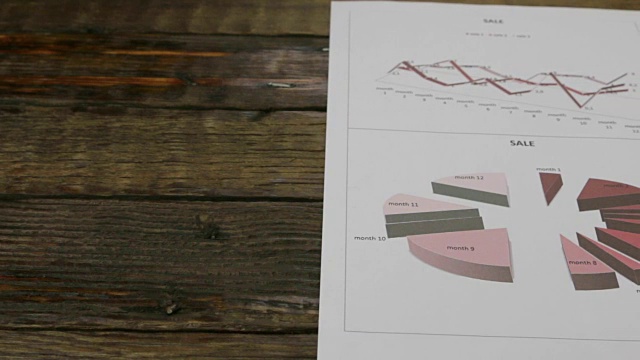 木桌上放着一张纸和图表。滑动相机的运动视频素材