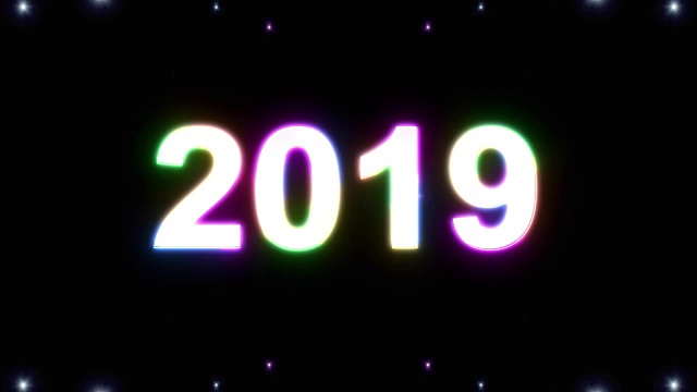 2019年文字在轻大爆炸爆炸彩虹颜色闪亮的动画循环在黑色背景新的质量凉爽漂亮的运动快乐的假期视频素材循环设计视频素材画面2