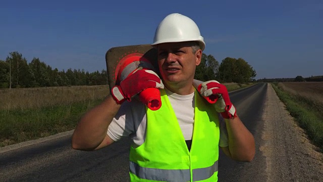 道路建筑工人肩上有两个交通锥视频素材画面2