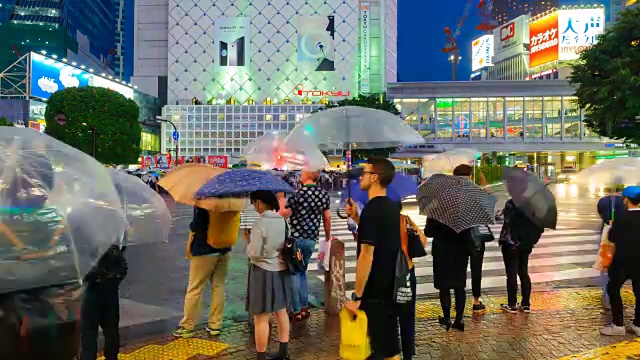 涉谷区的雨夜人行横道上挤满了行人。日本东京，4K延时。视频素材