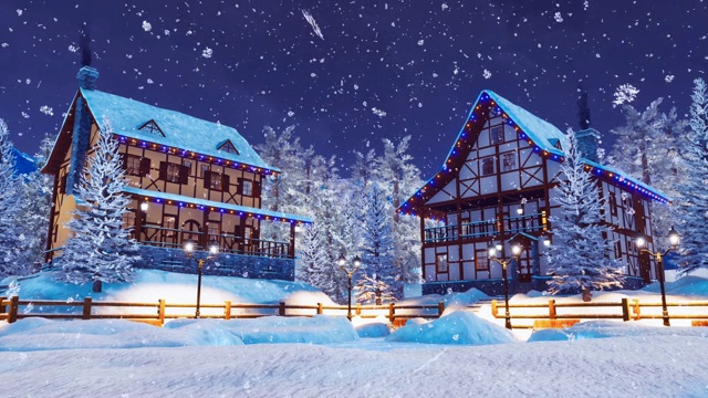 冬天下雪的夜晚，舒适的高山村被白雪覆盖视频素材画面1