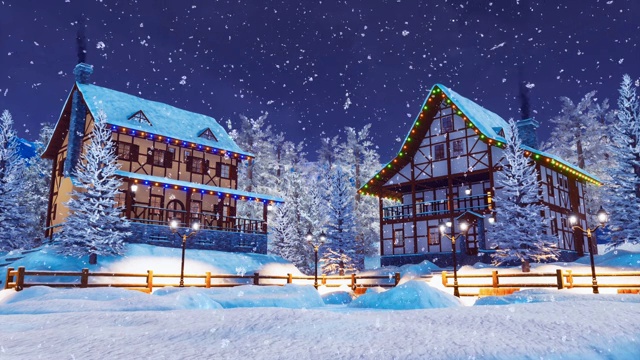冬天下雪的夜晚，舒适的高山村被白雪覆盖视频素材画面2