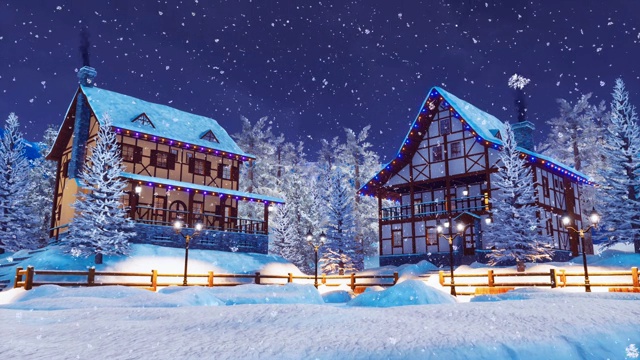 冬天下雪的夜晚，舒适的高山村被白雪覆盖视频素材画面3