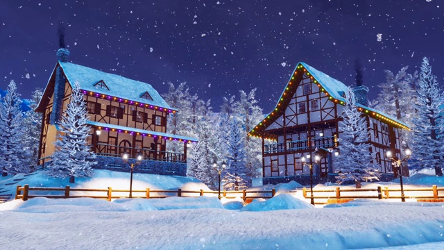 冬天下雪的夜晚，舒适的高山村被白雪覆盖视频素材画面4