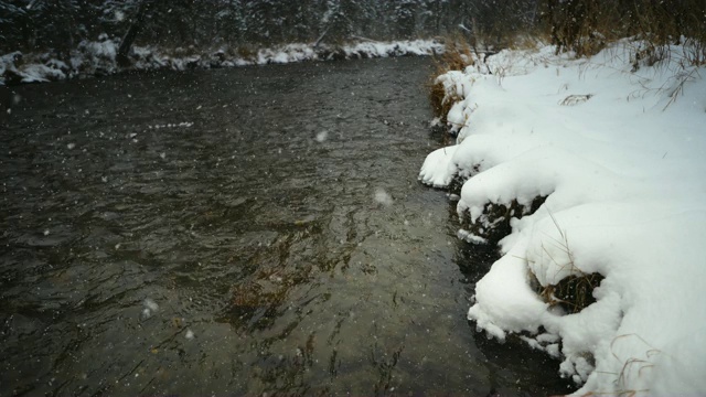 河堤被雪覆盖着。下雪的冬天的公园。视频素材