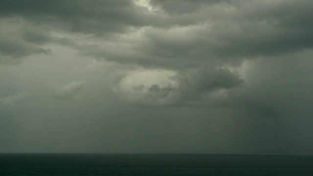 戏剧性的阴天和黑暗的雷暴云在蓝绿色的海上。海面上有飓风。生动的航空时间推移美丽的暴风雨，雨海景。热带雨季，台风天气视频素材