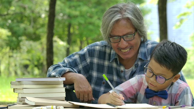 老人在公园里帮孩子做作业。教育和关系，男人教男孩学。视频素材