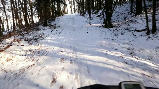 在冬季森林里骑山地自行车视频素材