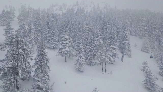 冬季雪林滑雪缆车在雾中可见视频下载