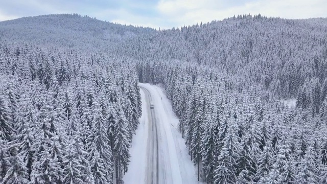 空中飞行冬季森林与道路视频素材