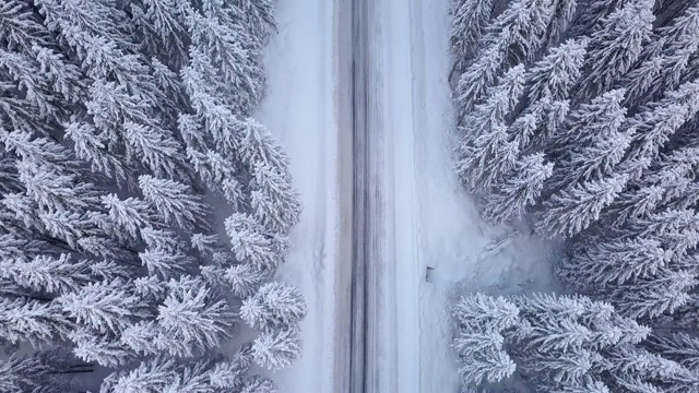 空中飞行冬季森林与道路视频素材