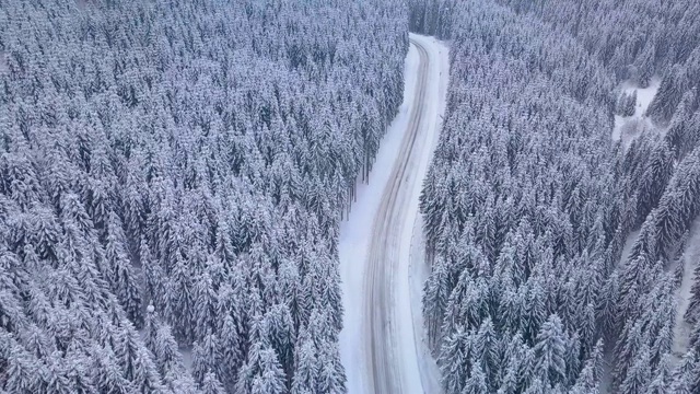 空中飞行冬季森林与道路视频素材