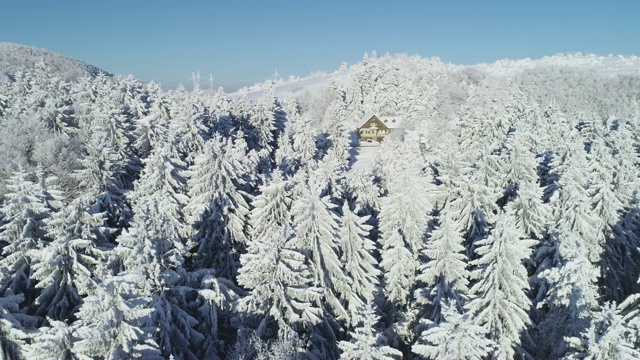 鸟瞰山顶上的小木屋，皑皑白雪覆盖，白帽林地，全景，视角各异视频素材