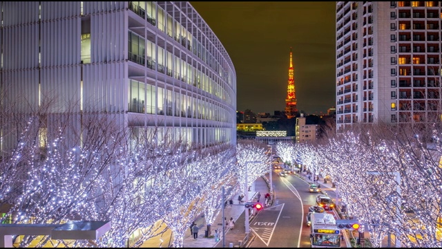 4K Time Lapse -六本木地区与灯光装饰的树与东京塔的背景东京标志性建筑-日本东京六本木视频素材