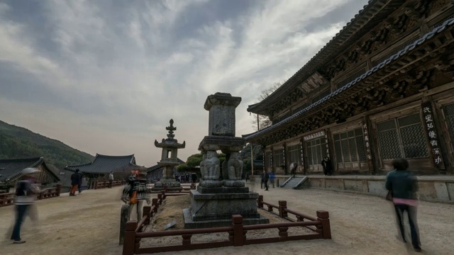 在韩国全罗南道古里根市的槐树寺(国家文化遗产)的槐树寺寺厅，可以看到狮子塔和石灯视频素材