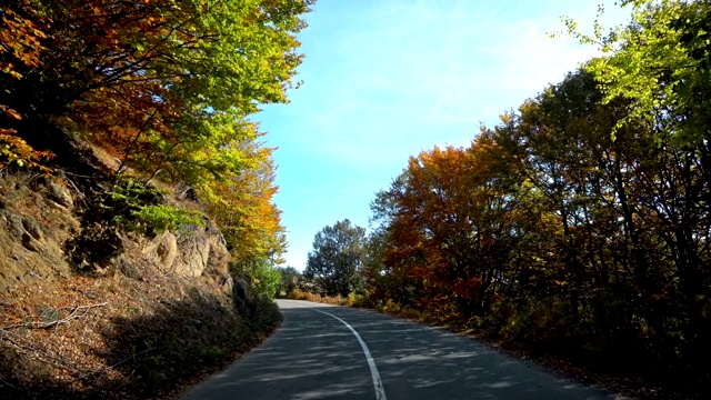 POV在秋日蜿蜒的山路上行驶，广角视频素材