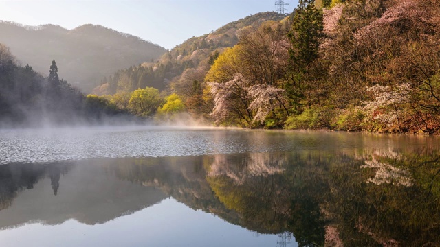 在雾中观赏色杨基池塘周围的樱花视频素材