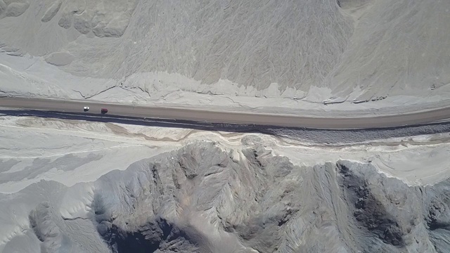 所有地形都由无人机控制。阿塔卡马沙漠海岸地区的Pan de Azucar国家公园的航拍原始镜头。在沿着沙漠环境的公路旅行中，令人敬畏的崎岖干旱的景观视频素材