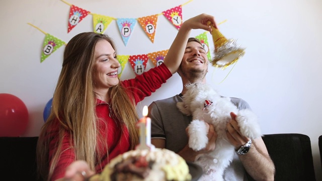 年轻夫妇庆祝宠物生日。马耳他狗的生日派对视频素材