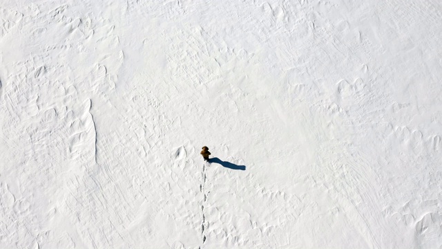 一个男人正走在雪地上。孤独。从以上观点。视频素材画面3