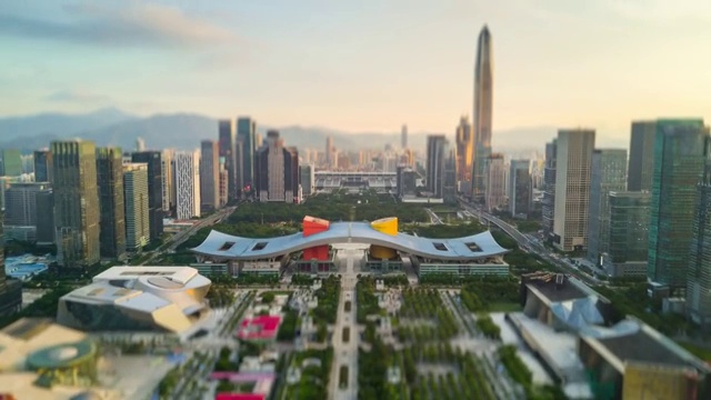 深圳城市风景日落天空市中心市政厅航拍全景4k倾斜移位时间推移中国视频素材