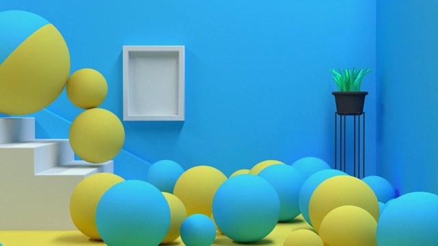 蓝色黄色小球落地白色楼梯卡通墙房间简约风格3d渲染运动抽象视频素材画面1