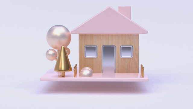 抽象房屋卡通风格金属闪亮的白色背景3d渲染运动建筑自然概念视频素材画面1
