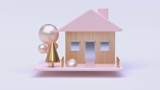 抽象房屋卡通风格金属闪亮的白色背景3d渲染运动建筑自然概念视频素材画面3