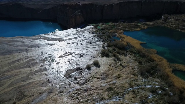 阳光照射在被石灰华包围的浅山湖泊，矿物悬崖上。视频素材