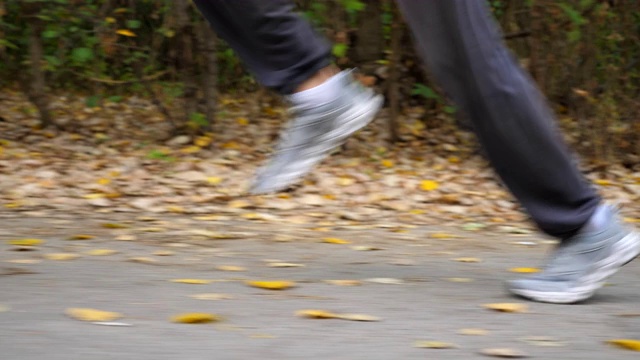 初秋，在森林附近的道路上奔跑的运动男子的脚。年轻运动员的双腿在大自然中沿着小径快速奔跑。强壮的家伙在户外慢跑。健康积极的生活方式。低的观点视频素材