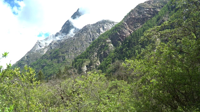 手持低角度视角:四姑娘山徒步在昌平沟山谷或昌平山谷，中国视频素材