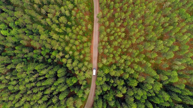 航拍:瑞典斯马兰森林中树木中间道路上车辆的无人机旋转视图视频素材